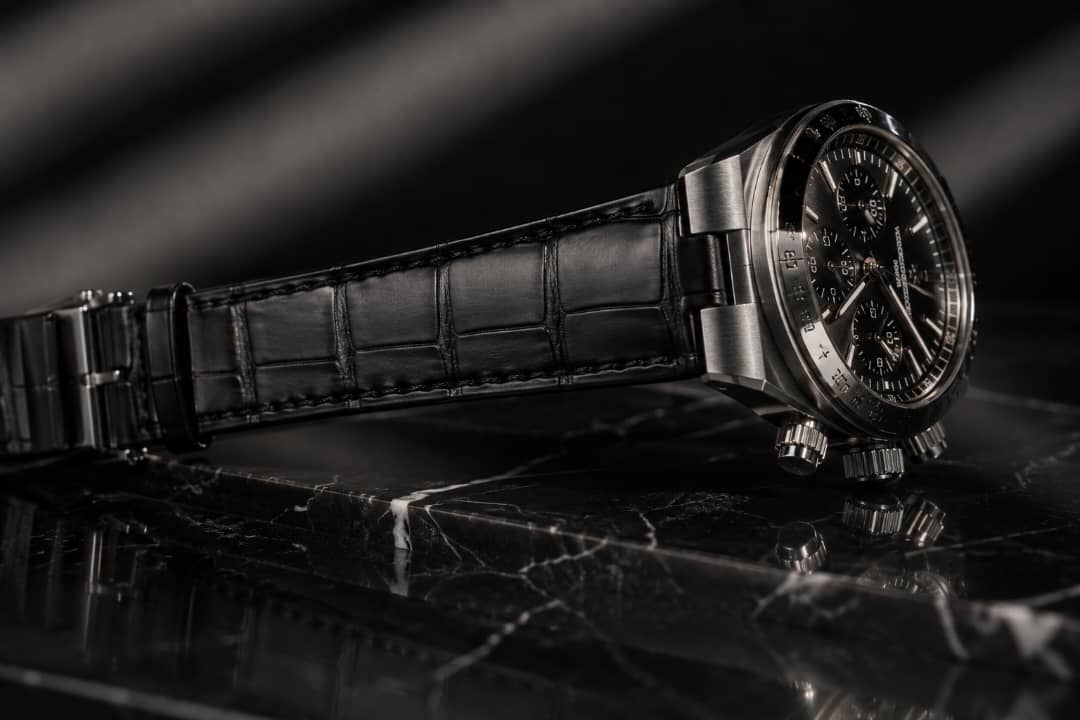Editorial photograph of a luxury chronograph timepiece