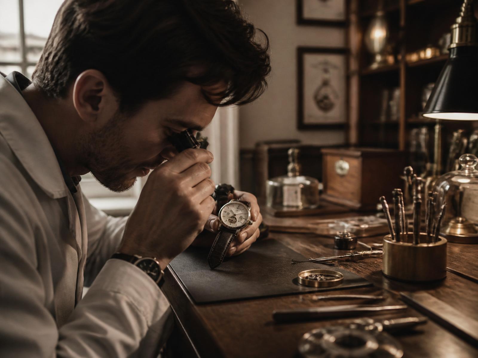 A watchmaker inspecting a timepiece at the atelier bench